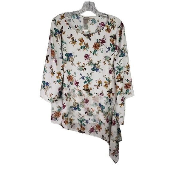 Chico's Shirt Top Women's Size 1 Medium White Garden Floral Asymmetrical New - Picture 2 of 6